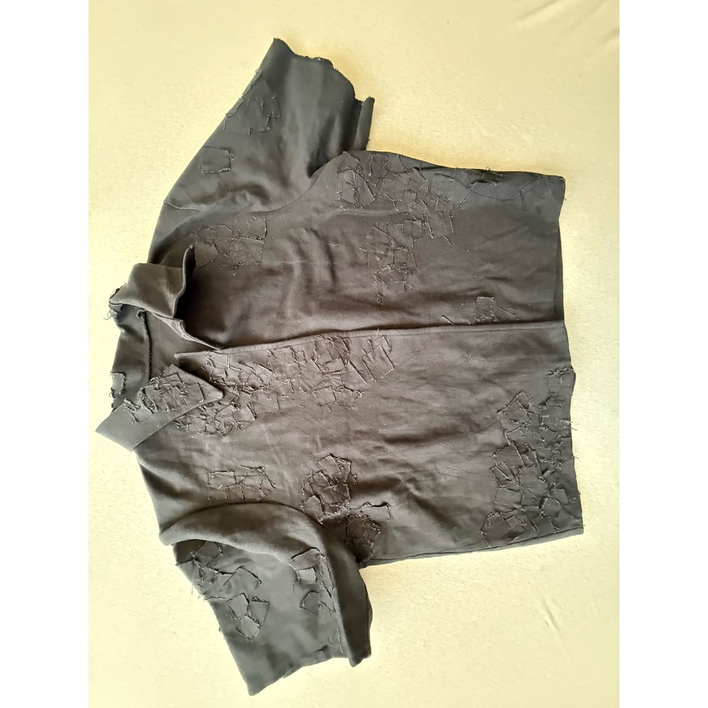 Black Distressed Patchwork Short Sleeve Button Down Shirt Gothic Punk Edgy
